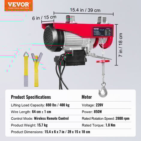VEVOR Treuil a Cable Electrique 400 kg Palan Electrique avec Telecommande sans Fil 850 W Treuil-Palan 10 m/min Hauteur de Levage Cable Simple 12 m Moteur en Cuivre Pur pour Garages Entrepots Usines