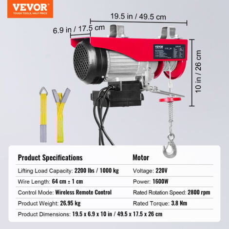 VEVOR Treuil a Cable Electrique 1000 kg Palan Electrique avec Telecommande sans Fil 1600 W Treuil-Palan 10 m/min Hauteur de Levage Cable Simple 12 m Moteur en Cuivre Pur pour Garages Entrepots Usines