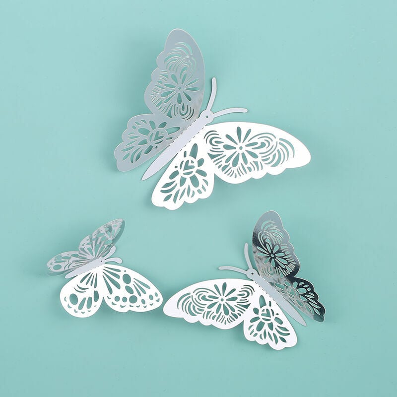 Juego de 12 pegatinas de pared de mariposa de flores 3D extraíbles pegatinas de pared de bricolaje plata