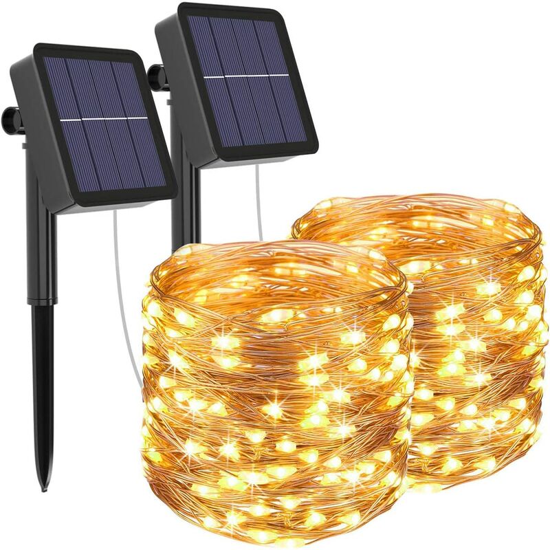 [Paquete de 2] Guirnaldas de luces solares para exteriores, 12 m, 100 LED, impermeables, para exteriores, 8 modos de luz decorativa para jardín, patio, hogar, Navidad, boda, fiesta