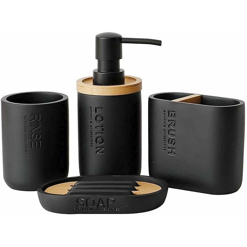 Dispensador de jabón de bambú - Con jabonera decorativa - Accesorios de madera y bambú: vaso para cepillo de dientes, jabonera (negra)