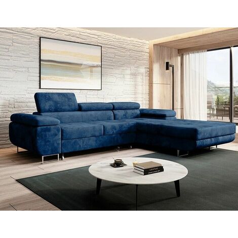 Alvaro Velvet Left Hand Facing Corner Sofa Bed with Storage and Lift Mechanism - Navy Blue (1/4)