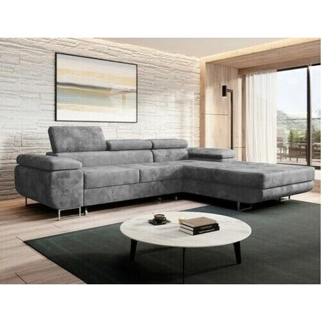 Alvaro Velvet Left Hand Facing Corner Sofa Bed with Storage and Lift Mechanism - Grey (1/4)