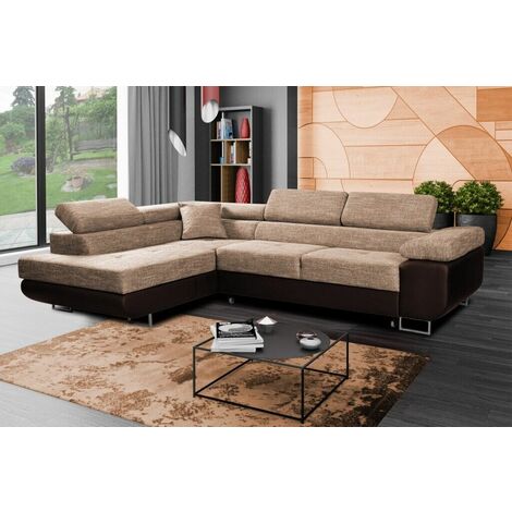 Aston Left Hand Facing Corner Sofa Bed with Storage and Lift Mechanism - Beige & Brown (1/5)