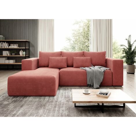 Stripes Jumbo Cord Right Hand Facing Corner Sofa Bed - Salmon