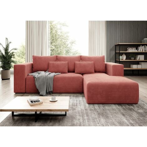 Stripes Jumbo Cord Left Hand Facing Corner Sofa Bed - Salmon
