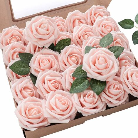 Floroom Set of 25 Ivory Foam Artificial Fake Roses with Stems for