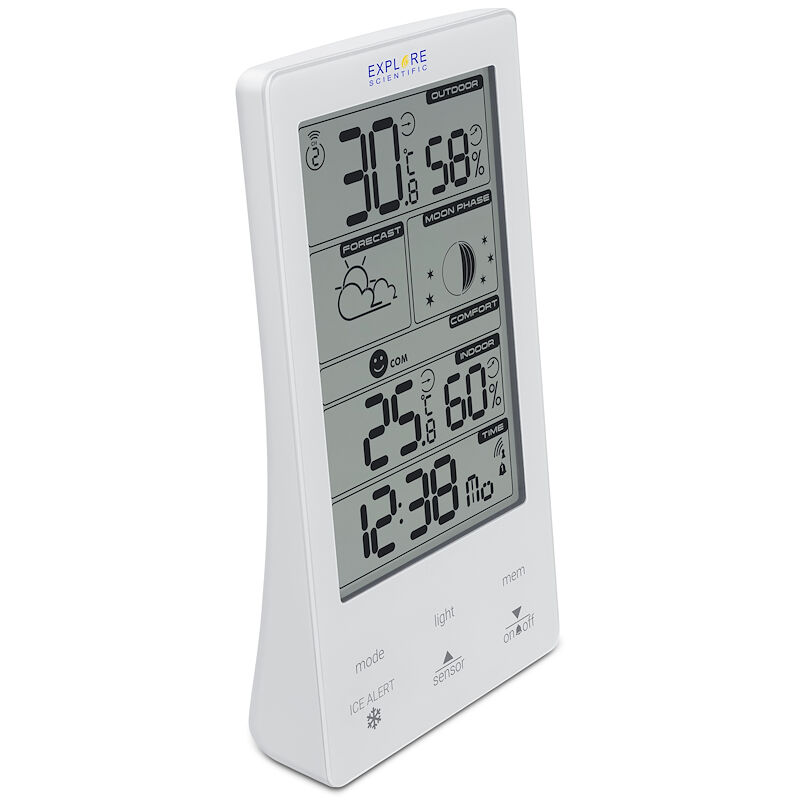 Explore Scientific WSH4009, Stazione meteo con display touch Bianco e Nero,  Previsioni del tempo, Dual alarm, Fasi lunari, Bianco