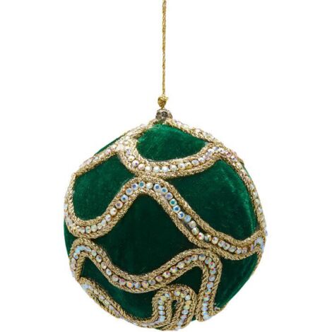 Pallina in velluto colore verde con decori oro per albero di Natale decorazioni natalizie -Ø 10 cm (1/3)