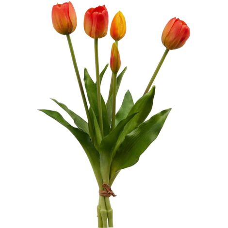 Fiore artificiale "tulipano" effetto realistico con stelo e foglie verdi -Rosso / 40 cm