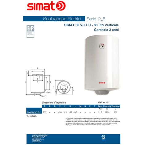 Scaldabagno Elettrico Verticale 80 Lt Simat Garanzia 2 Anni