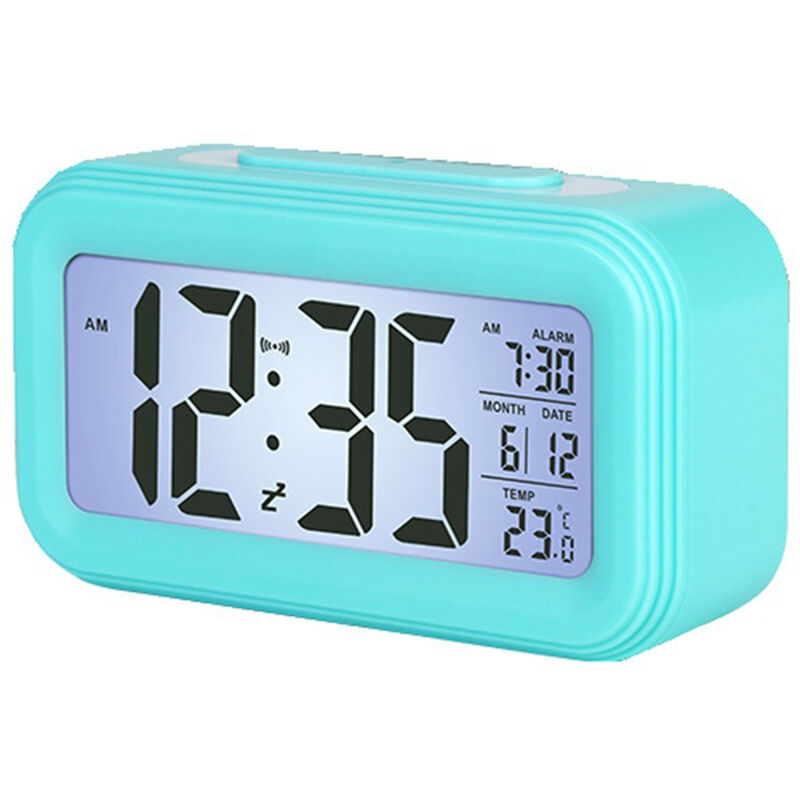 Wecker, elektronische digitale Morgenuhr mit großem LCD,  Hintergrundbeleuchtung, Kalender und Temperatur blau