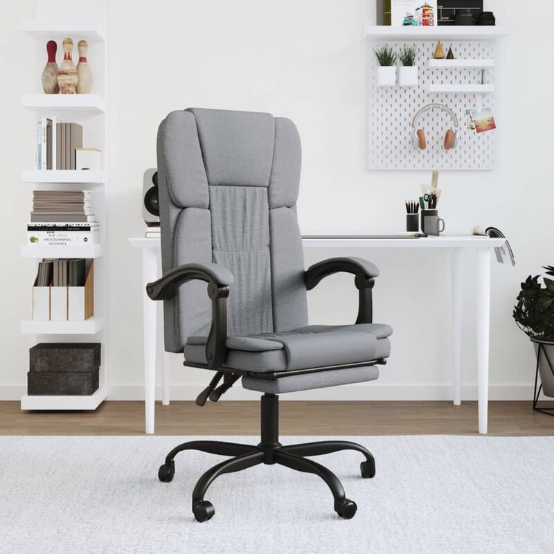 Bürostuhl mit Massagefunktion, neigbare Rücklehne, ausziehbare Fußstütze,  Leinenoptik, grau, 65 x 61 x 113 cm