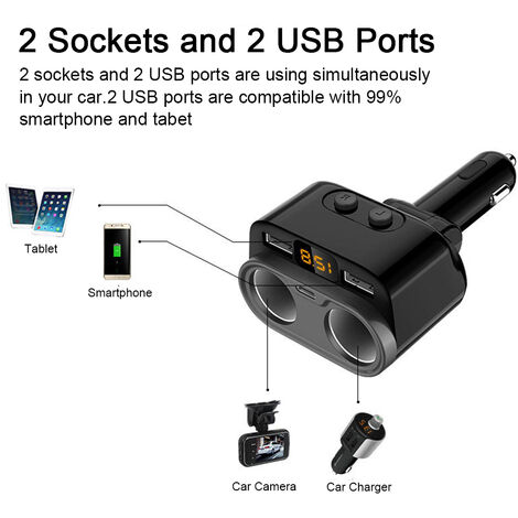 Zigarettenanzünder-Splitter-Netzteil mit 2 Steckdosen, USB-C-Autoladegerät  mit 18 W Power Delivery 3.0 und