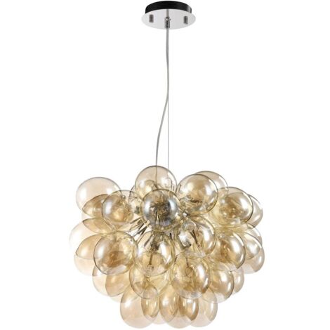 Lampadario Contemporaneo Baldo Metallo Nichel 8 Luci Diffusori Cognac