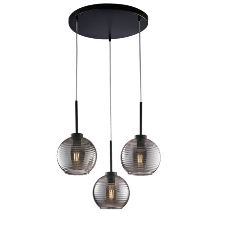 Sospensione Moderna Ankara 3 Luci Ferro Nero Vetro Soffiato Grigio Specchiato (1/3)