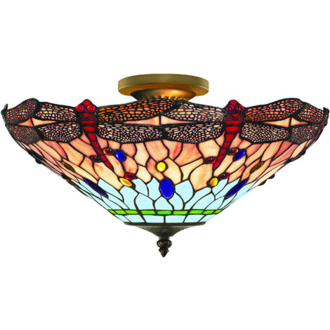 Plafoniera Tiffany Libellula Metallo Ottone Vetro 3 Luci E14 (1/5)