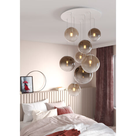 Lampadario Moderno Big Eclipse Metallo Bianco Vetro Ambra-Bronzo 8 Luci E27