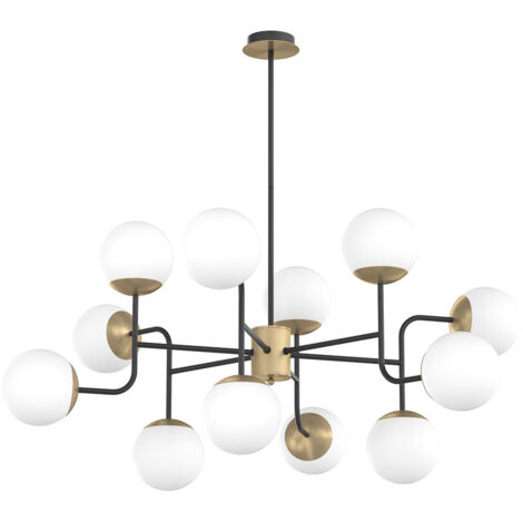 Lampadario Moderno Clear Metallo Nero E Ottone Vetro Bianco 12 Luci E27 (1/2)