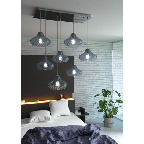Lampadario Contemporaneo Dress Metallo Cromo Vetro Blu 7 Luci E27
