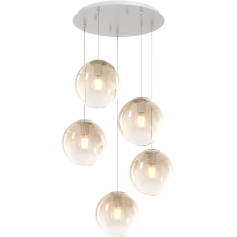 Lampadario Moderno Big Eclipse Metallo Bianco Vetro Ambra 5 Luci E27