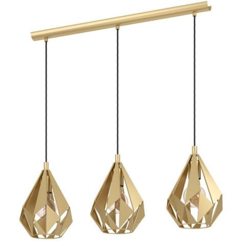 Eglo Carlton - Lampada a sospensione in legno a 3 luci, da appendere sopra il tavolo da pranzo, in metallo dorato dal design retrò, lampada a sospensione con attacco E27, L 80, 5 cm