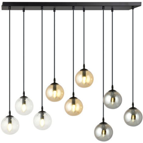 Sospensione Moderna 9 Luci Kali In Acciaio Nero E Sfere In Vetro Multicolor