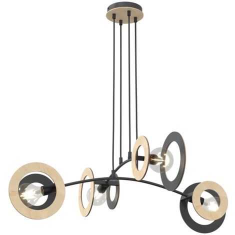 Lampadario 4 Luci Rea Acciaio Nero Legno Naturale E Diffusori Doppio Cerchio