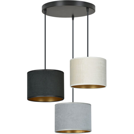 Lampadario Tondo 3 Luci Ganesha In Acciaio Nero E Paralumi In Tessuto Multicolore