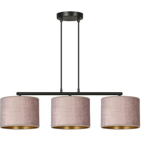 Lampadario 3 Luci Ganesha In Acciaio Nero E Paralumi In Tessuto Rosa