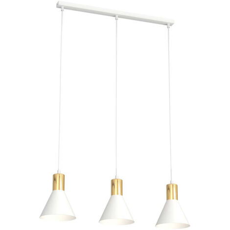 Lampadario 3 Luci Heimdall In Acciaio Bianco E Paralumi Conici Bianco E Oro