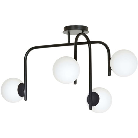 Lampadario 4 Luci Rama In Acciaio Nero A Bracci E Sfere In Vetro Opalino
