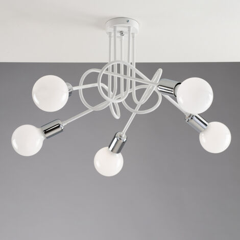Plafoniera Minimal 5 Luci in Ferro Laccato Bianco Particolari Cromo Serie Pop (1/2)