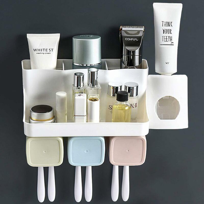 Badezimmer-Organizer Make-up-Halter multifunktionaler mit 8 Zahnbürstenhalter Bechern, zur 4 Zahnbürstenfächern, Wandmontage, Zahnpastaspender,