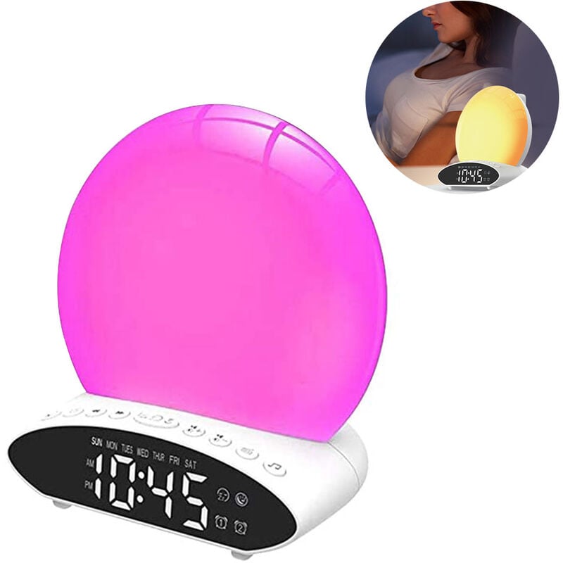 Despertador Wake Up Light Sunrise, adecuado para máquinas de pañales pesados, máquinas de asistencia para dormir de 7 colores para niños y adultos, alarmas duales, ruptura, radio FM, brillo nocturno, lámpara de noche, reproductor de música USB