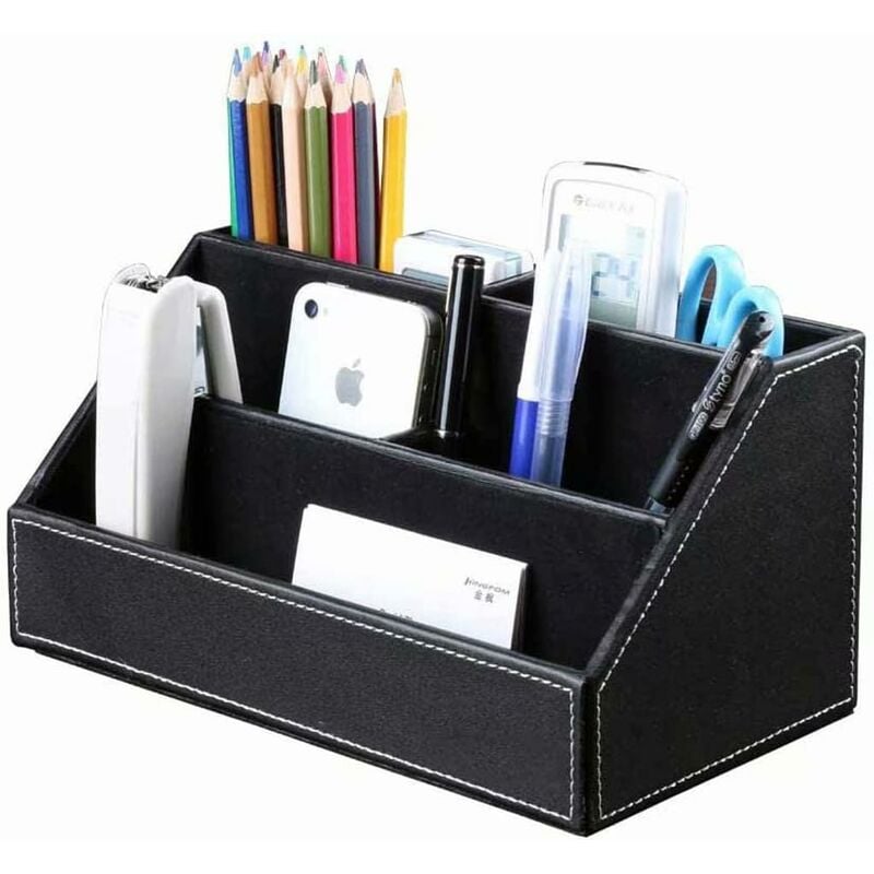 Organizador de escritorio multifuncional de cuero con textura de madera (negro)