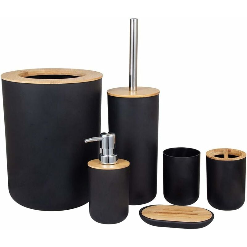 Juego de accesorios de baño Soporte para cepillos de dientes de bambú Encimera de madera Dispensador de jabón independiente Taza Cepillo de cocina Inodoro Sala de estar Bote de basura Ahorro de espacio Ducha Hogar Hotel Plato (Negro) Accesorio de baño o hotel