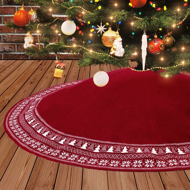 Falda de árbol de Navidad, falda de árbol de Navidad de punto de 90 cm con copo de nieve de árbol de Navidad grueso, decoraciones navideñas, alfombra rústica, cubierta de piso, falda de árbol de árbol