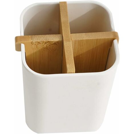 Porta utensilios de cocina Bote para utensilios cerámica y bambú Soporte utensilios  cocina cuadrado blanco brillo