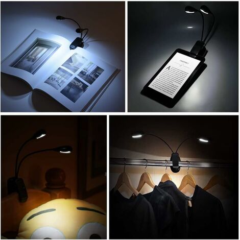Lámpara de lectura recargable de doble cabeza para leer de noche en la  cama, lámpara de lectura cálida con abrazadera, mini clip ajustable en la  luz
