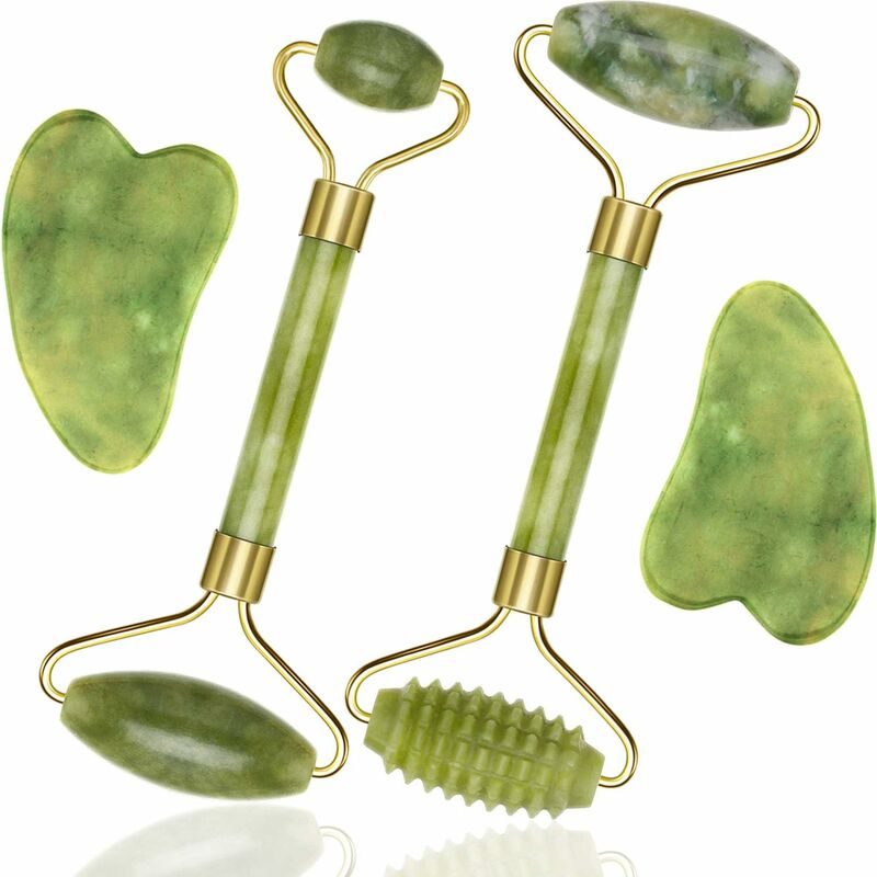 Rodillo facial de jade de 4 piezas con herramientas de masaje Gua Sha, antienvejecimiento y raspado de arrugas para rostro, ojos, cuello, buena idea de regalo, rodillo con rayas verdes, rodillo verde jade