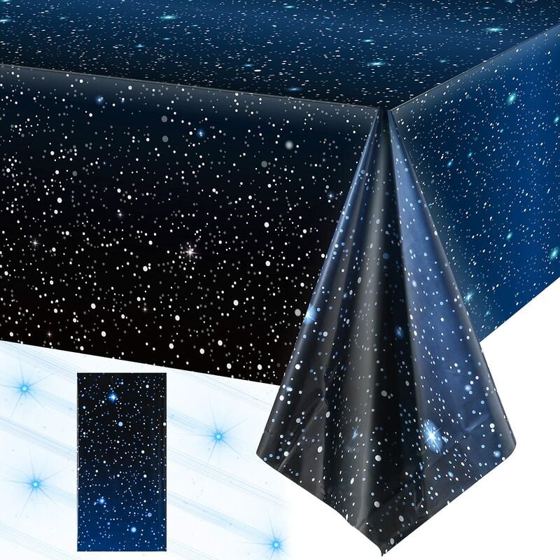 Mantel espacial Decoración de mantel de noche estrellada Cubierta de mesa de galaxia de plástico Suministros de fiesta temática de estrellas espaciales para decoraciones de cumpleaños para el hogar, 54 x 108 pulgadas (3 piezas)