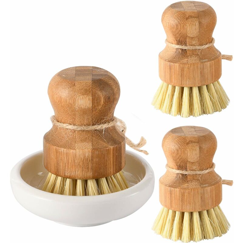 Cepillos de bambú para fregar platos, juego de fregadores de limpieza de madera para cocina para lavar sartenes/ollas de hierro fundido, cerdas de sisal natural, juego de 3