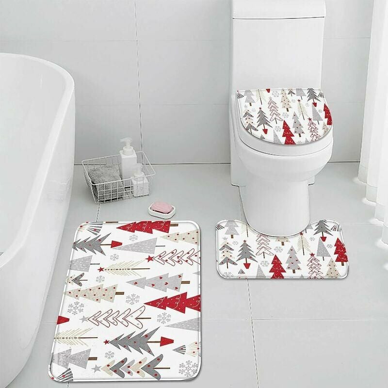 Alfombras y juegos de alfombras de baño de 3 piezas Alfombras de baño antideslizantes Árboles de Navidad Doodle rojo Alfombrilla de baño de espuma de memoria absorbente de microfibra