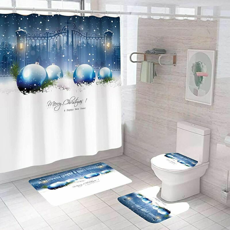 Juego de 4 cortinas de ducha con diseño de árbol de Navidad, bosque de pinos, nieve, alfombrilla antideslizante, cubierta de inodoro, alfombrilla de baño, feliz año nuevo, bola blanca azul, regalo, ca