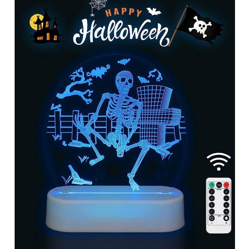 1 Uds. Luz nocturna 3D de Halloween decoración de Halloween lámpara LED de ilusión 3D luz de calabaza óptica para decoración del hogar y lámpara de decoración de regalos de Halloween (esqueleto)