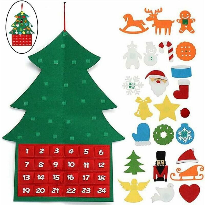 Calendario de cuenta atrás de Adviento de Navidad, calendario de cuenta atrás de Navidad de 24 días para niños, decoraciones colgantes de puerta de fieltro DIY, fiesta de árbol de Navidad