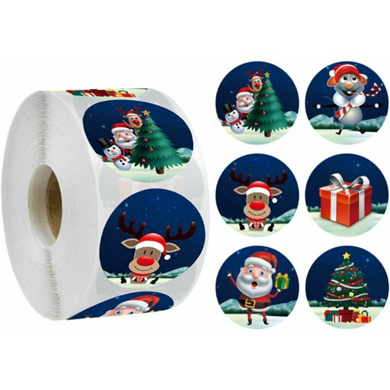 Rollo de calcomanías navideñas para decoraciones de tarjetas de regalo 500 piezas Paquete múltiple Navidad Papá Noel PVC Copo de nieve de doble cara Pegatinas de renos de Papá Noel Decoraciones navide