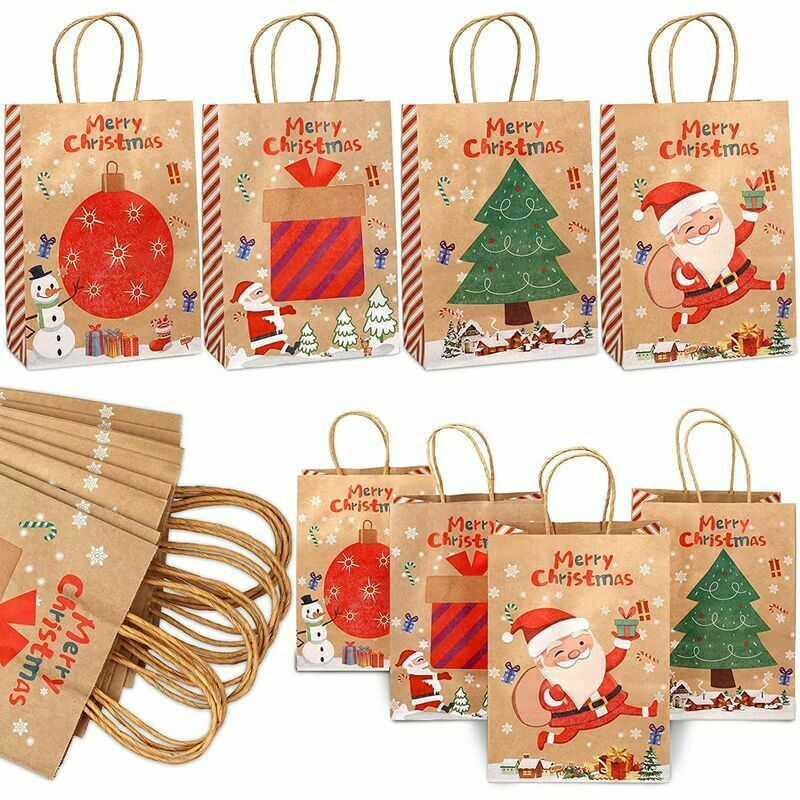 Bolsas de regalo de Navidad, 12 bolsas de papel Kraft con asas, bolsas de regalo de Navidad impresas de Navidad, bolsas de dulces reciclables para envolver regalos de Navidad