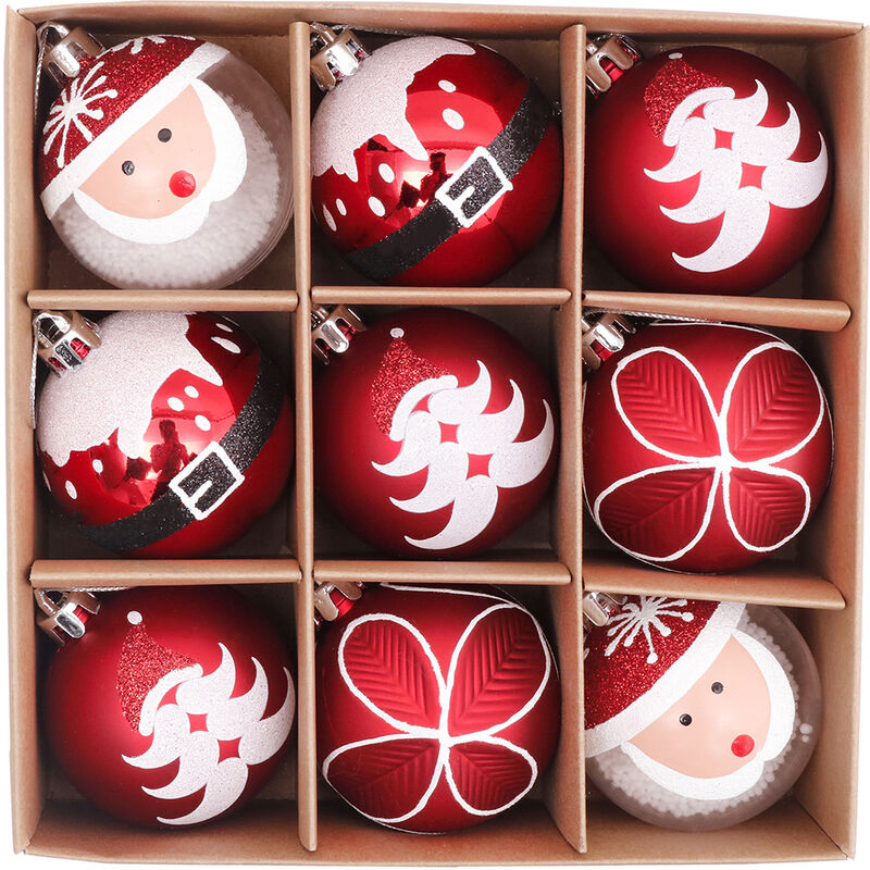 MODOU - Set de 9 Bolas de Navidad Rojas y Blancas 6cm - Superficie de Plástico - Elementos Navideños Tradicionales - Muñeco de Nieve, Copo de Nieve, Reno